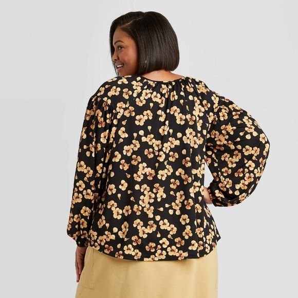Ava & Viv Plus Size Floral Print Long Sleeve Knit Blouse, Gold, X (14W), 1020 - Picture 2 of 8